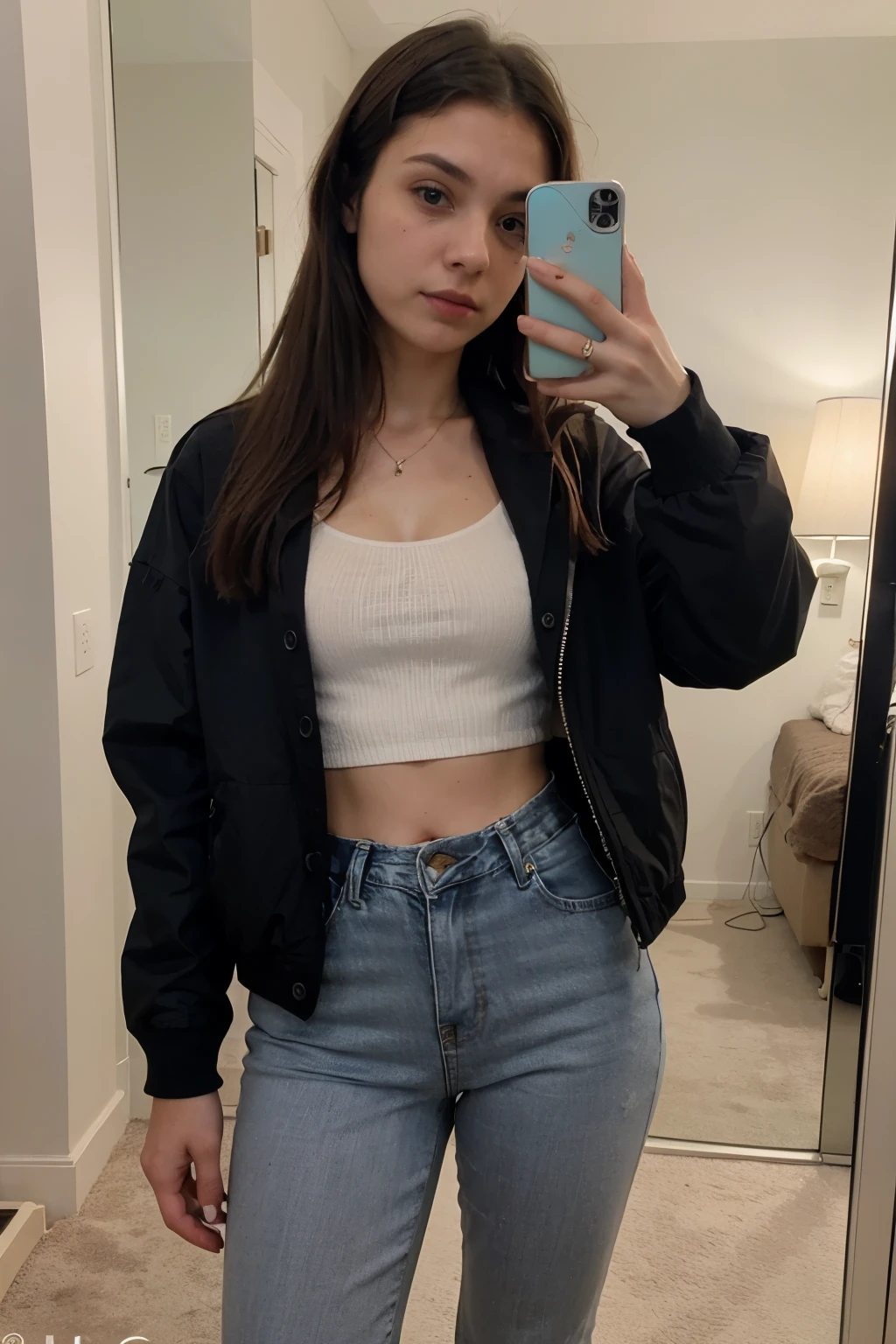 photography of a 20yo woman posing infront of mirror, perfect face, masterpiece, jacket, jeans