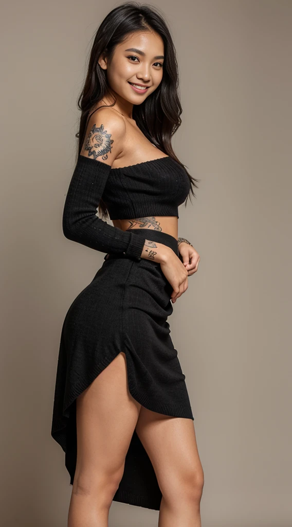 Sexy 18 year old filipino woman with tattooswearing a long black skirt and a sweater and high heels, thin body, large perfect covered breasts, large butt, small waist, wide hips, full pouty lips, smiling, eyes angled and far apart, full body shot