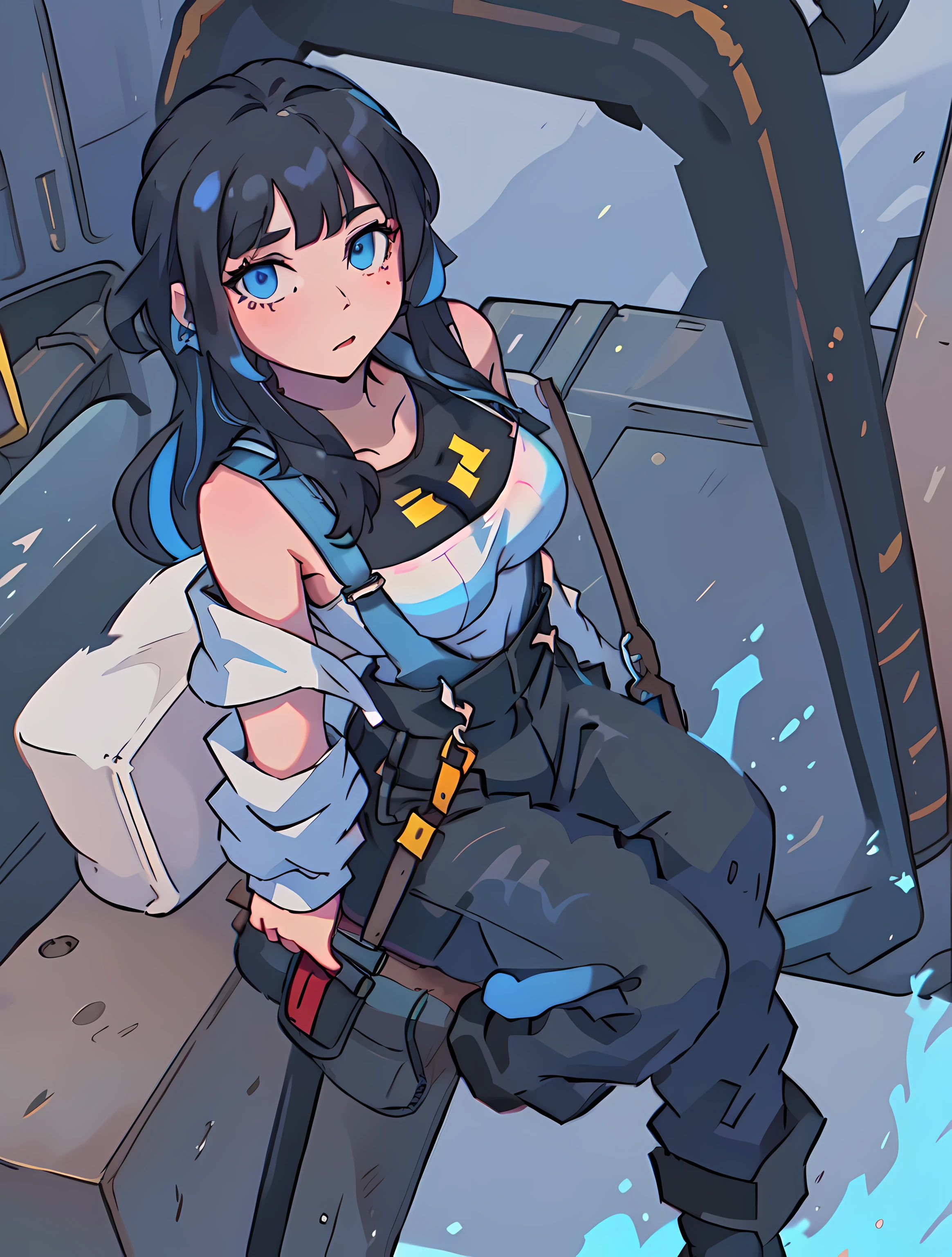 Black medium long hair girl.
The background is a machine factory, Create a heavy industrial atmosphere.
have a toolbox, and some scattered tools，por exemplo: wrench blue eyes, Capture her focused eyes. Girl wearing black tank top and dark overalls.
Highlight her mid-length hair, and depicts her wearing black boots.
carrying a crosody bag. There are tools inside.