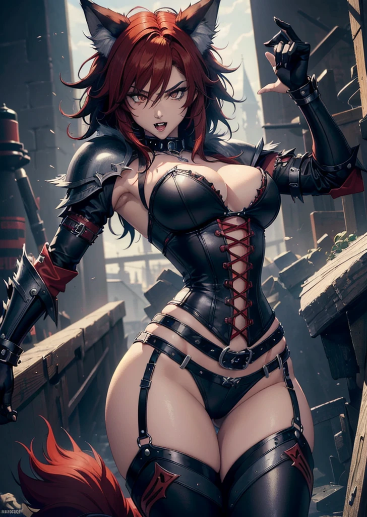 ((best quality, masterpiece, 4k, 8k, high res)), ((furry; Anthro Wolf)), red hair, dynamic pose, ferocious, fangs, full body, female werewolf, sexy, vibrant colors, (edgy punk hairstyle), knight armor, well-toned abs, Victorian dress, goth corset,