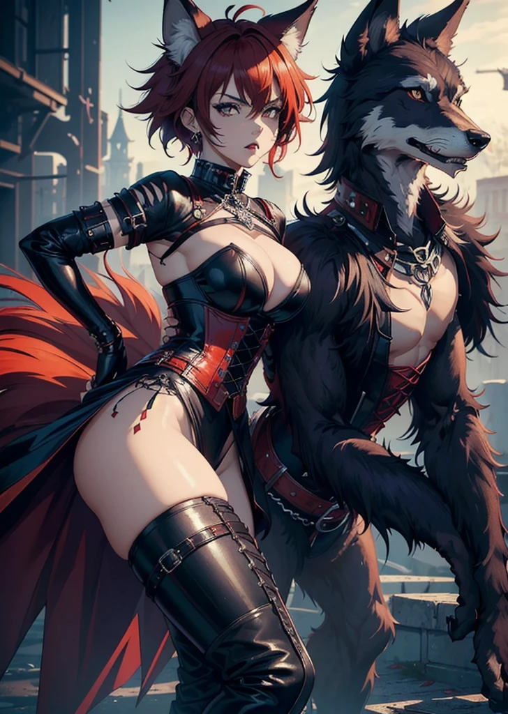 ((best quality, masterpiece, 4k, 8k, high res)), ((furry; Anthro Wolf)), red hair, dynamic pose, ferocious, fangs, full body, female werewolf, sexy, vibrant colors, (edgy punk hairstyle), knight armor, well-toned abs, Victorian dress, goth corset,