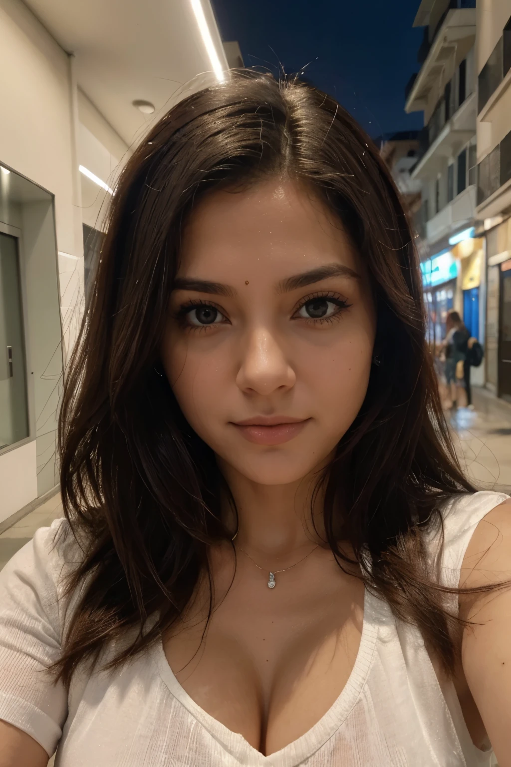 Arafed mulher completamente , com olhos azuis, Ultra realista, meticulosamente detalhado,cabelos loiros e olhos grandes, selfie de uma jovem mulher, Camera eyes, sem maquiagem, Maquiagem natural, staring directly at camera, Rosto com Artgram, Maquiagem sutil, ((best quality)) rosto perfeito, com roupa, na rua a noite