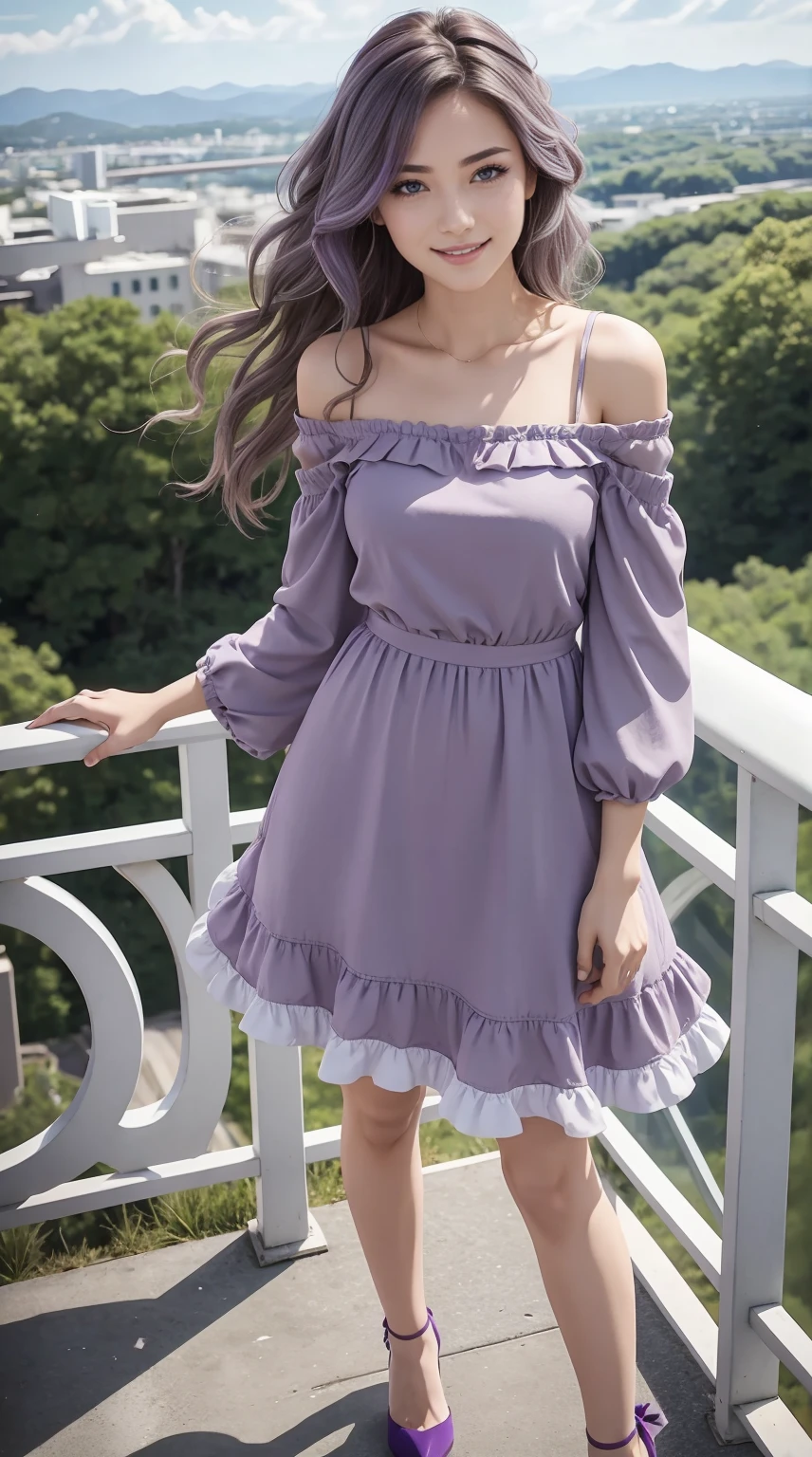24-year-old Caucasian woman、Hair color is a gradation of brunette and purple、Hair is wavy、Eye color is blue、Longhaire、A slender、a smile、Beautiful breasts、A slenderだが均整の取れた細マッチョな身体、wearing an off-shoulder blouse with frills、She&#39;s wearing a frilly arm dress、I'm wearing jeans、I'm wearing high heels、I&#39;m on an observation deck on top of a small mountain with a great view in Europe.、I grabbed the railing and looked at the scenery below.、a smile、I'm wearing a hair ornament、setting hair、Hair flutters in the wind