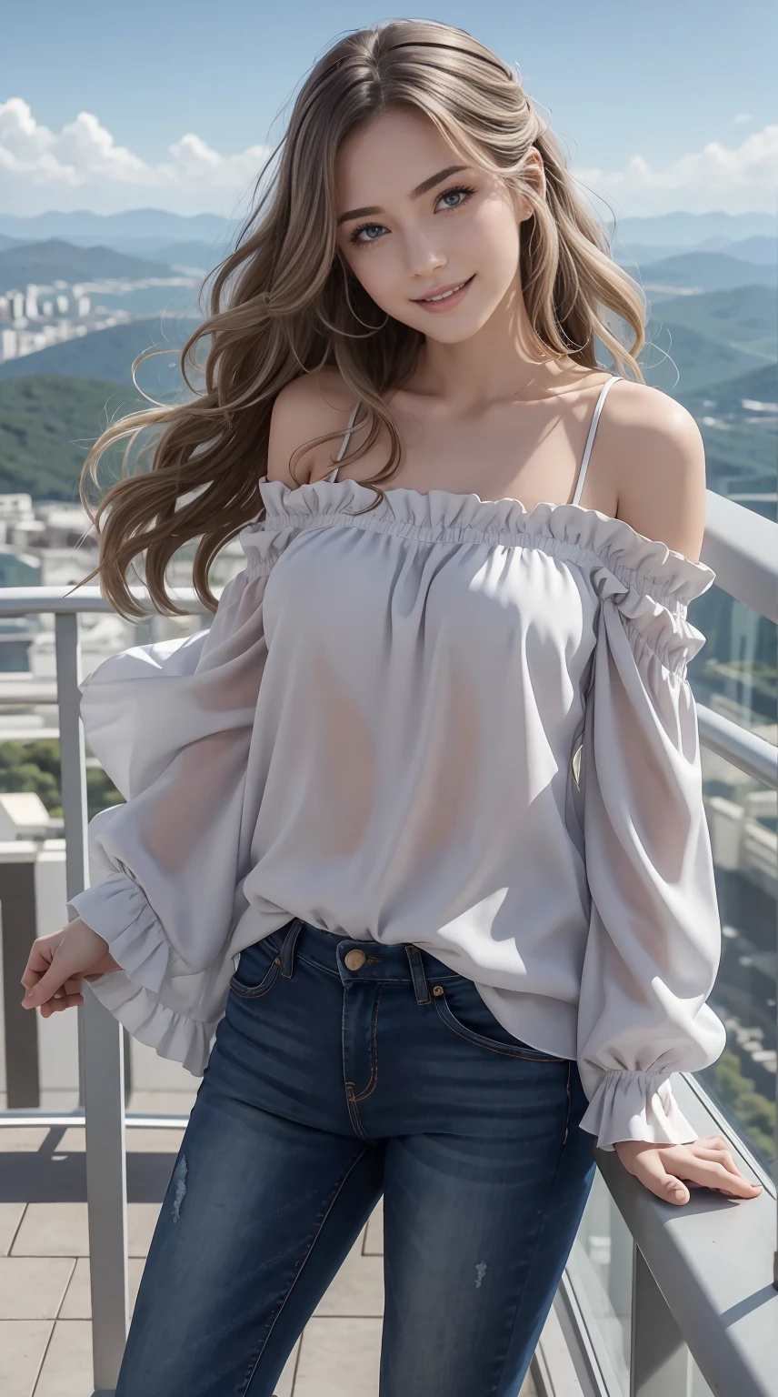 24-year-old Caucasian woman、Hair color is a gradation of brunette and purple、Hair is wavy、Eye color is blue、Longhaire、A slender、a smile、Beautiful breasts、A slenderだが均整の取れた細マッチョな身体、wearing an off-shoulder blouse with frills、She&#39;s wearing a frilly arm dress、I'm wearing jeans、I'm wearing high heels、I&#39;m on an observation deck on top of a small mountain with a great view in Europe.、I grabbed the railing and looked at the scenery below.、a smile、I'm wearing a hair ornament、setting hair、Hair flutters in the wind