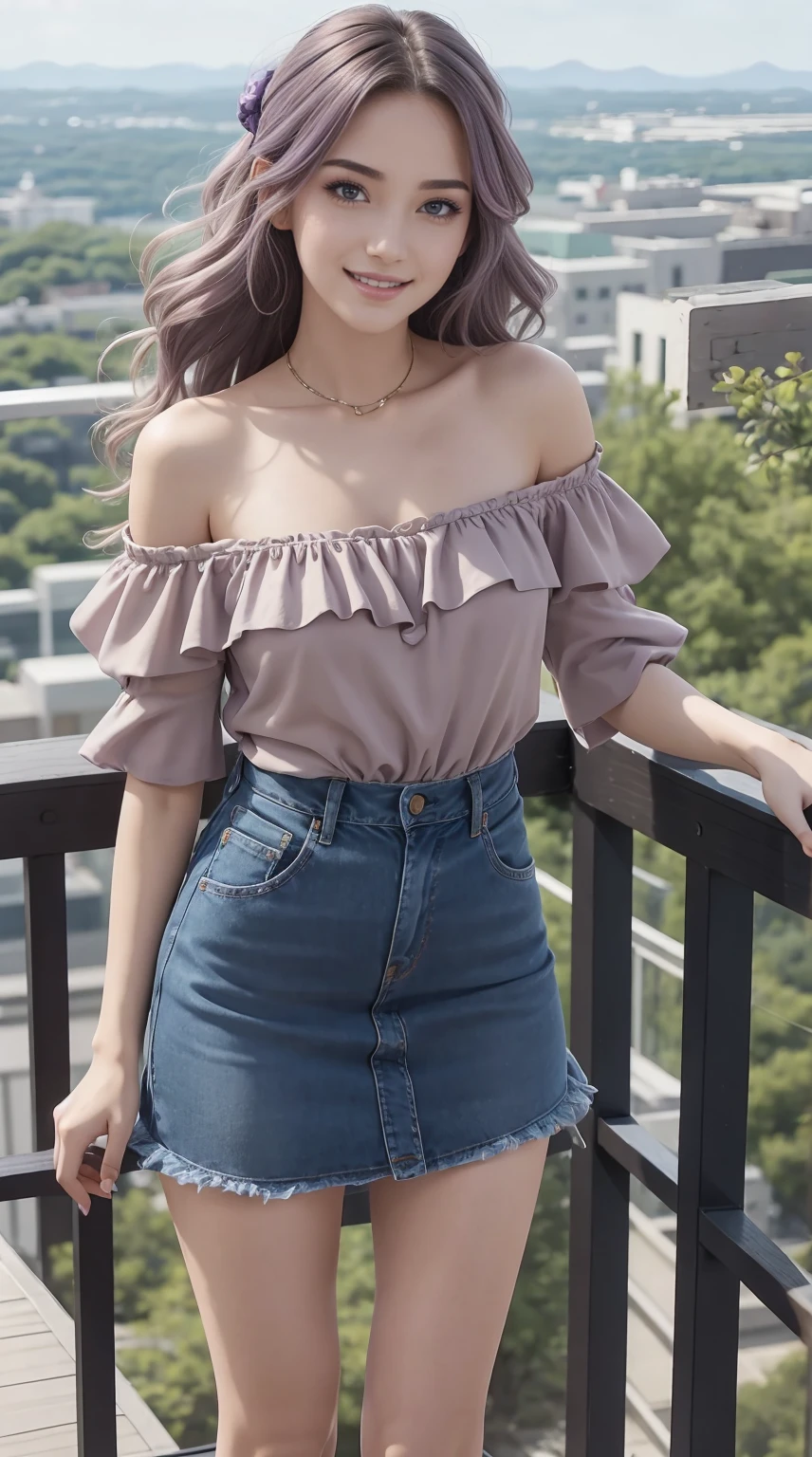 24-year-old Caucasian woman、Hair color is a gradation of brunette and purple、Hair is wavy、Eye color is blue、Longhaire、A slender、a smile、Beautiful breasts、A slenderだが均整の取れた細マッチョな身体、wearing an off-shoulder blouse with frills、She's wearing a frilly arm dress、I'm wearing jeans、I'm wearing high heels、I'm on an observation deck on top of a small mountain with a great view in Europe.、I grabbed the railing and looked at the scenery below.、a smile、I'm wearing a hair ornament、setting hair、Hair flutters in the wind