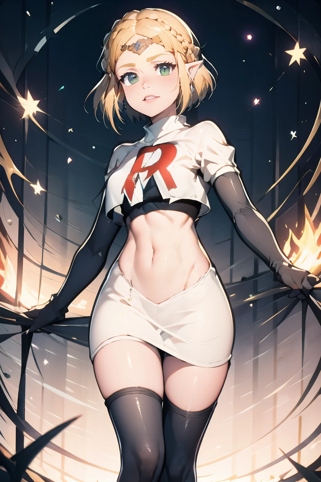 ZeldaTOTK, team rocket,team rocket uniform, red letter R, white skirt,white crop top,black thigh-highs,black elbow gloves, sinister villianess look,