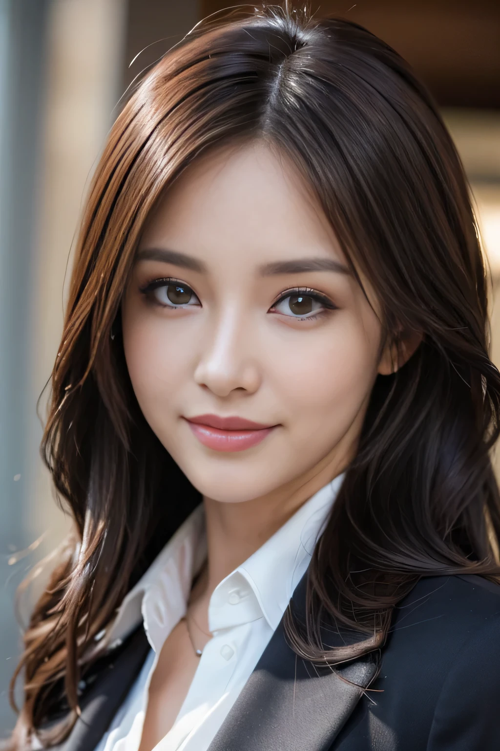 masutepiece, Best Quality, Photorealistic, Ultra-detailed, finely detail, High resolution, 8K Wallpaper, 1 beautiful woman,, light brown messy hair, in a business suit, foco nítido, Perfect dynamic composition, Beautiful detailed eyes, detailed hairs, Detailed realistic skin texture, Smiling, Close-up portrait, Model body type