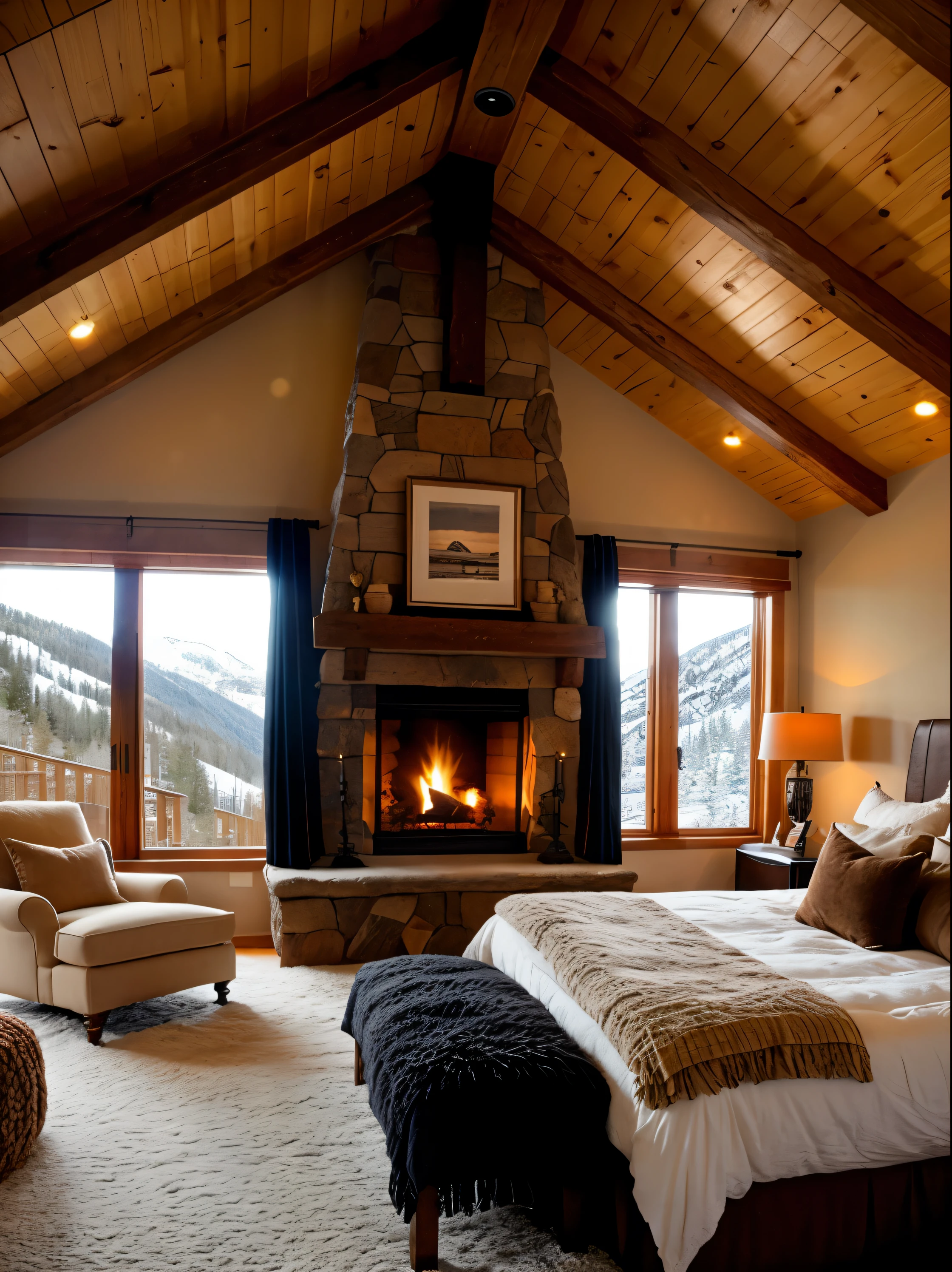 Cozy yet luxurious bedroom with fireplace, in the mountains, snowing outside