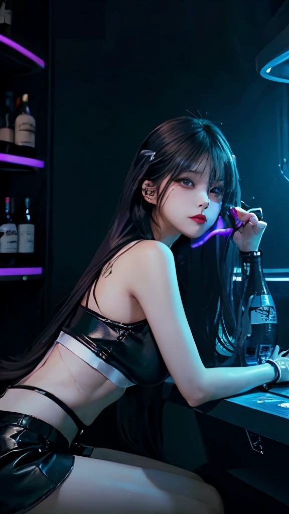 from side view、Perfect human body、Mine makeup girl、(((Black straight long hair)))、Glowing neon lights、Girls Bar clerk、Bar clerk、Pure white bar counter、girl serving alcohol、Neon and uv black light store interior、cyber 、(((The store and shirts glow under UV black light)))、numerous piercings in the ears、very Bigger breasts、ultra gigantic tits、Large cleavage、Stick out your big, shapely butt、maikurobikini、Black leather miniskirt or shorts、A store that looks like a spaceship、Liquor bottle reflecting light、Western liquor bottles on a shelf with a faint reflection、drinking cocktail、female gaki smile、cyber vision monitor、(Oil skin, gleaming skin、realistic skin textures、Detailed beautiful skin、Shiny skin、shiny white skin)))、Random angles、crouching down、crouching down、A girl shaking her butt to provoke、Sexual