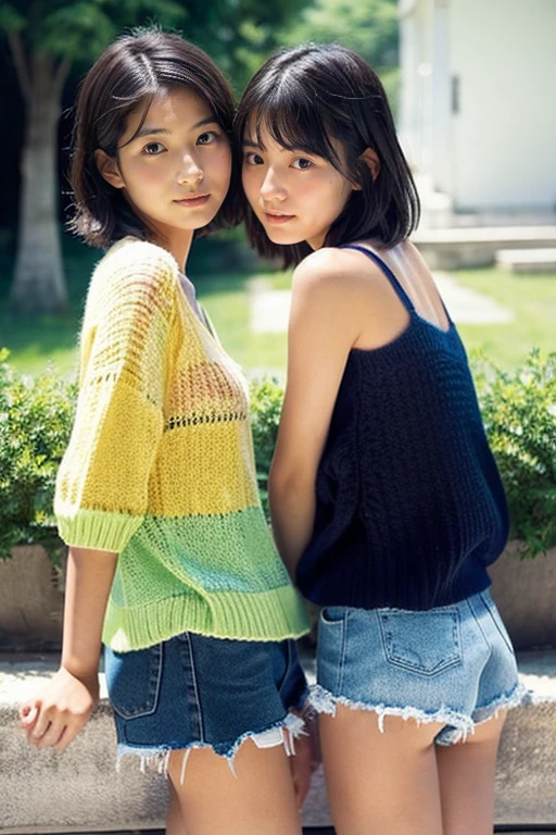 Two beautiful girls wearing summer knits、japanes、14years、look away from the camera、terraces、Spinning、A dark-haired、One person has a short bob、a miniskirt、