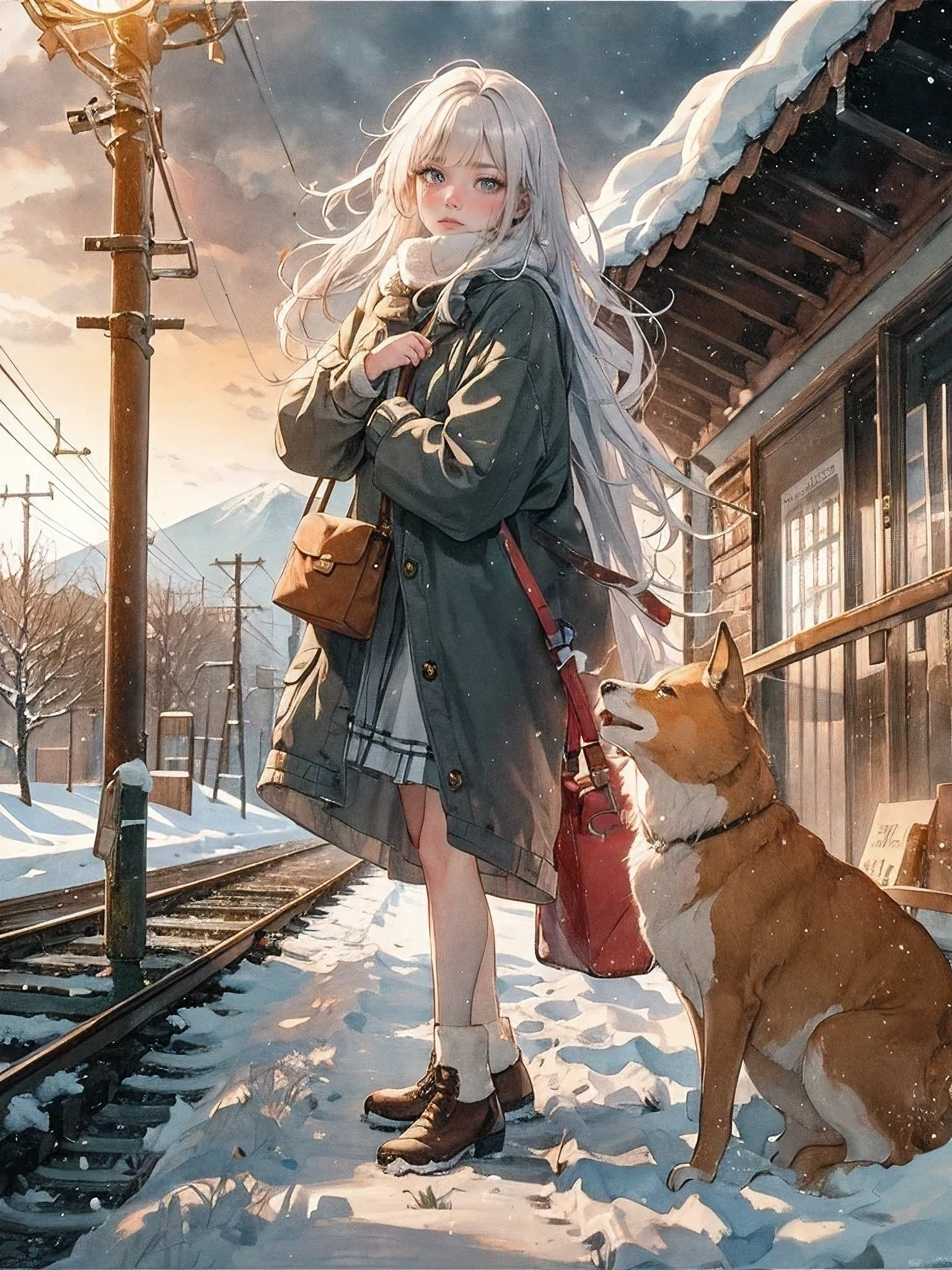 Anime girl with white hair and a dog standing in the snow - SeaArt AI