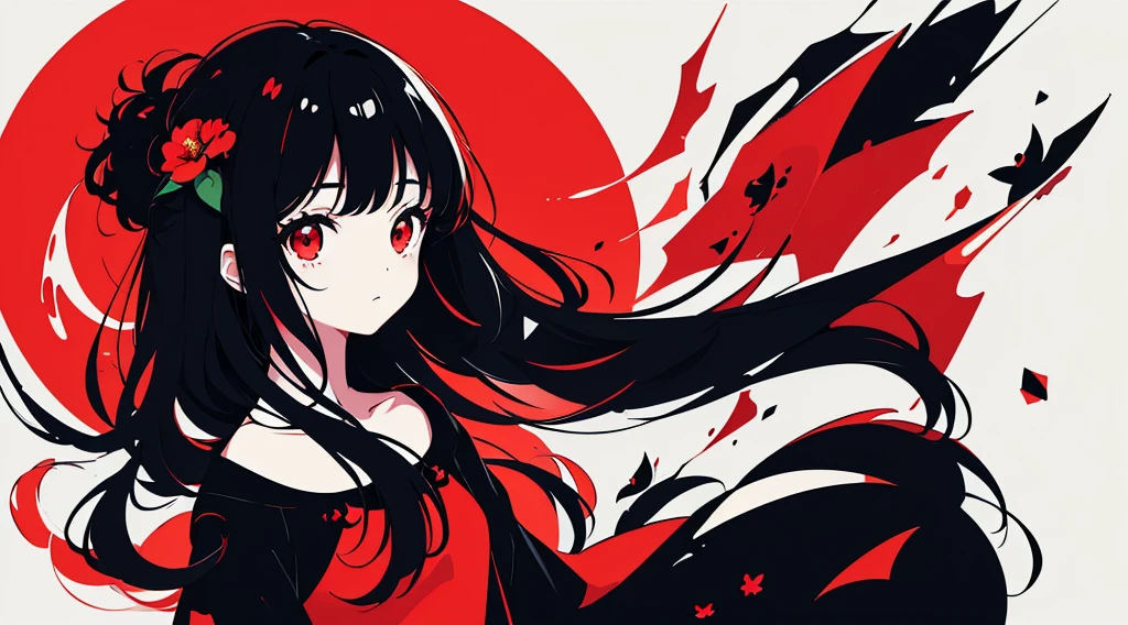 (1girl, black hair, long hair, red eyes, black ????????, cute, kawaii), (red moon, black flower field), (low contrast, flat color, limited palette)