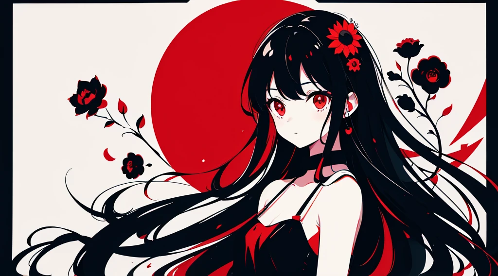 (1girl, black hair, long hair, red eyes, black sundress, cute, kawaii), (red moon, black flower field), (low contrast, flat color, limited palette)