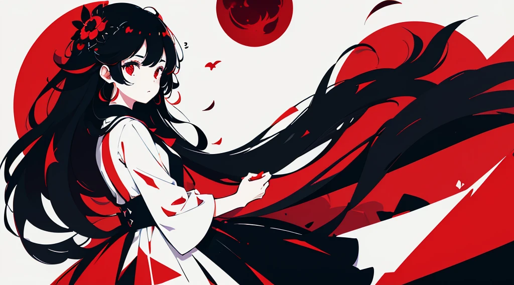 (1girl, black hair, long hair, red eyes, black sundress, cute, kawaii), (red moon, black flower field), (low contrast, flat color, limited palette)