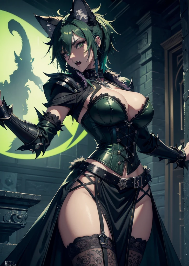 ((best quality, masterpiece, 4k, 8k, high res)), ((furry; Anthro Wolf)), green hair, dynamic pose, ferocious, fangs, full body, female werewolf, sexy, vibrant colors, (edgy punk hairstyle), knight armor, well-toned abs, Victorian dress, goth corset,
