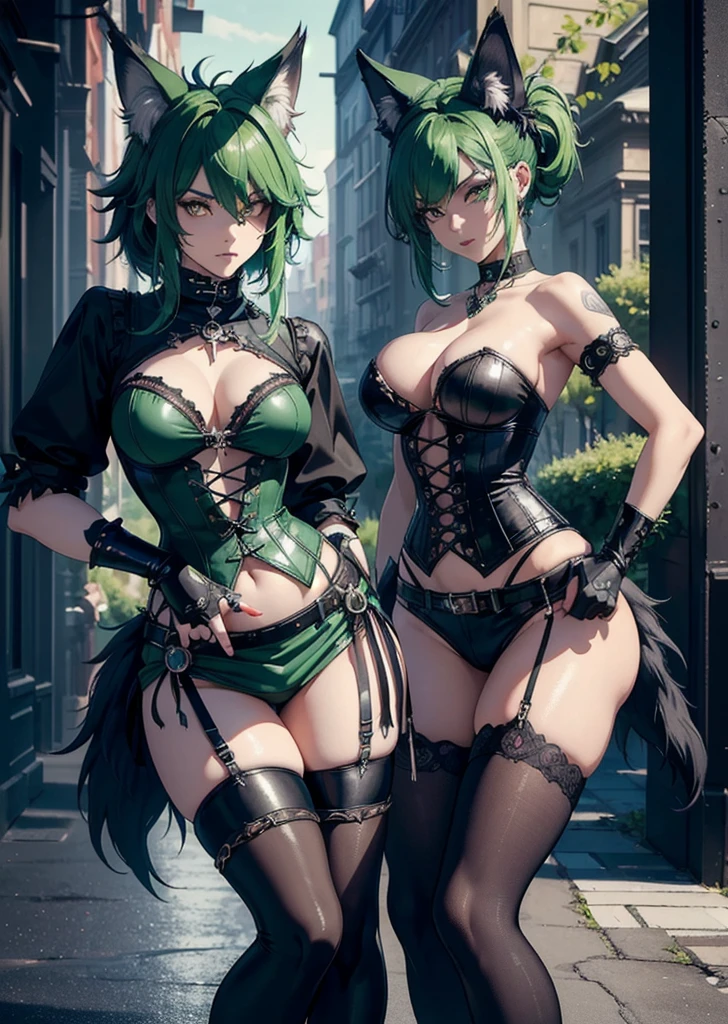 ((best quality, masterpiece, 4k, 8k, high res)), ((furry; Anthro Wolf)), green hair, dynamic pose, ferocious, fangs, full body, female werewolf, sexy, vibrant colors, (edgy punk hairstyle), knight armor, well-toned abs, Victorian dress, goth corset,