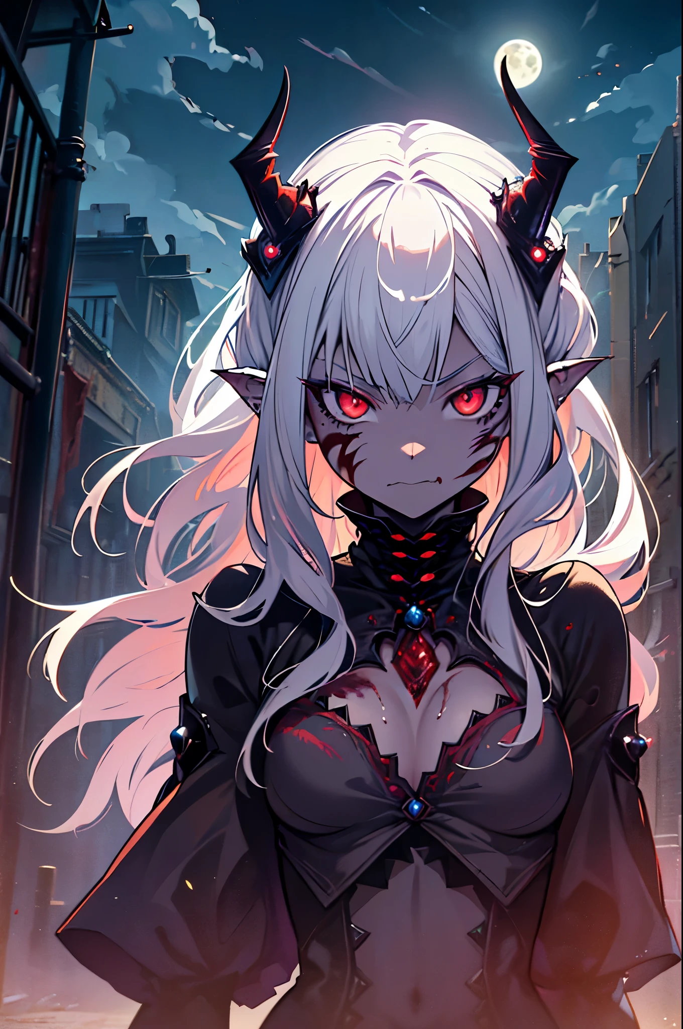 masterpiece, best quality, ((1girl)), (colorful),(finely detailed beautiful eyes and detailed face),cinematic lighting,extremely detailed CG unity 8k wallpaper, sky, cloudy_sky, building, moonlight, moon, night, (dark theme:1.3), light, fantasy, ((red Eyes)) ((White Skin)) ((Vampire Ears)) (((Long White Hair)) ((agressive expression)) ((Vampire Queen)) ((Monster Queen)) ((Alien Queen)) ((Monster)) ((Scales)) ((Scarred Face)) ((Flat Chest)) ((Eldritch Horror)) ((Meat Dress))