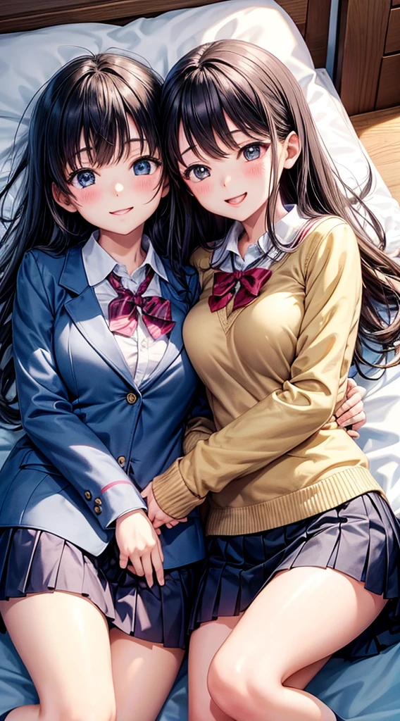 Elementary school students,[2 girls]Wearing school uniform, close physical contact between two people, Japanese, miniskirt, smiling, on bed、Lying down、Bra Panties