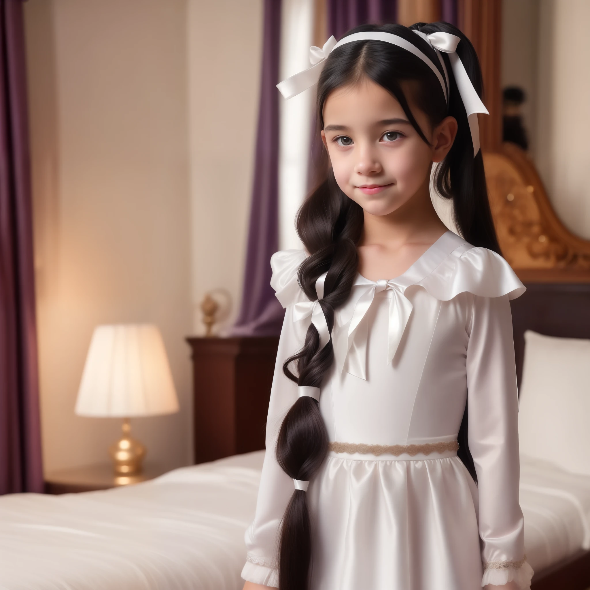 georgeous 10 year old white child girl, very very long black hair, hair in high ponytail, ribbons, wearing tight short tiny white satin night dress, headband, stockings, super realistic, lente 55 mm abertura f/1.8,with background of bedroom