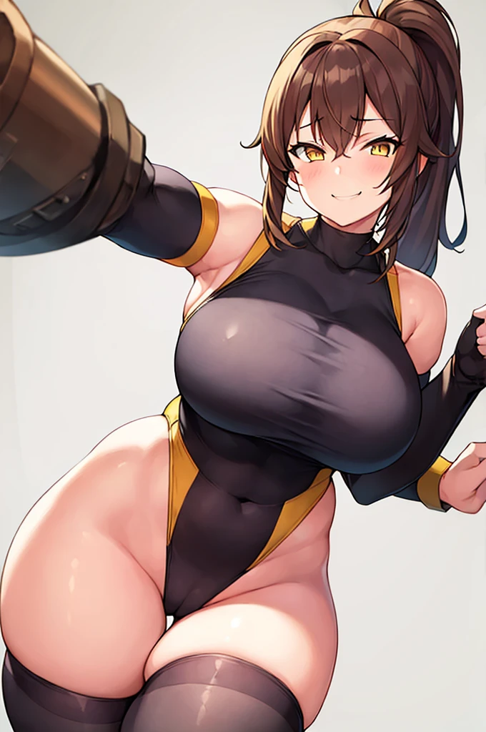 1girl, brown hair, ponytail, long ponytail, yellow eyes, smile, smirk, smug, brrasts, large breasts, wide hips, thick thighs, one-piece swimsuit, competition swimsiut, sleeves, short sleeves
