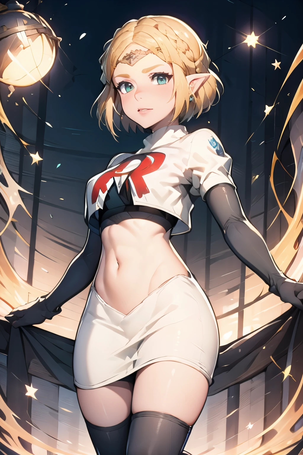 ZeldaTOTK, team rocket,team rocket uniform, red letter R, white skirt,white crop top,black thigh-highs,black elbow gloves, sinister villianess look,