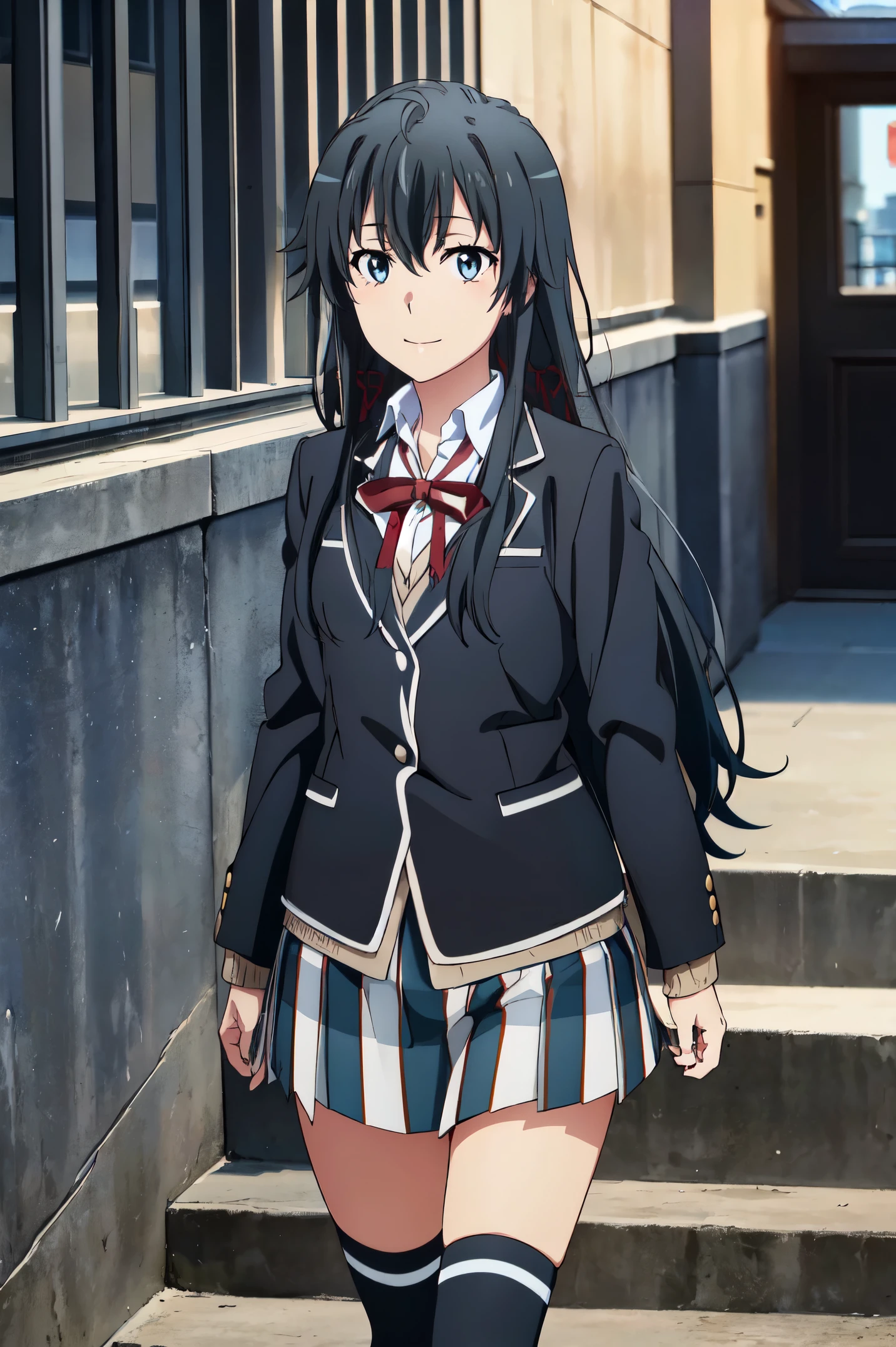 Best quality, masterpiece, highres, 1girl, yukinoshita yukino , school uniform, Plaited skirt, long hair, red ribbon, white shirt, black jacket, Thigh socks , blue eyes, boobs, Standing, smile, school background