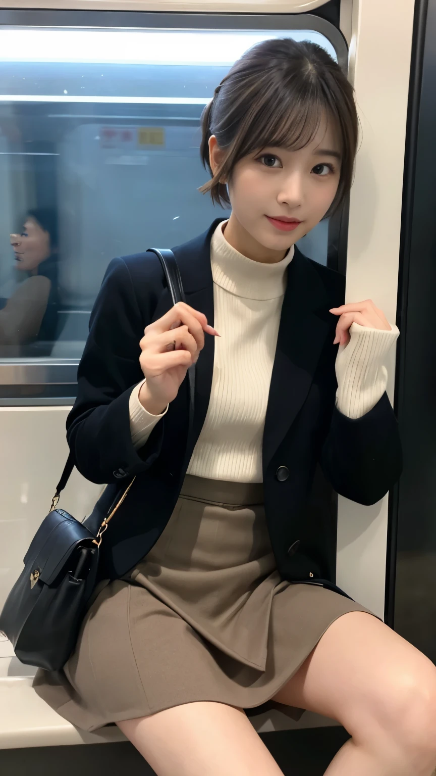 (top-quality、8k、32k、​masterpiece、UHD:1.2)、depth of field:1.2、black smoke:1.1、Photo of a cute Japanese woman、Short Woman、30-years old、beautiful and flawless face, short-hair、poneyTail, short brown hair、beauitful face、A slender:1.2、intricate-detail, Cinematic feel,full of shyness、Panic face、A face with an open mouth and a pleasant look、Composition in which no face is visible except for women、congestion:1.37、Trem lotadoで背の高い男性に囲まれている、the body is in close contact with the male,、covered lift、skirt lift:1.1)、Trem lotado、On the train、strap、Winter clothes、long-sleeve、commute、wearing outerwear