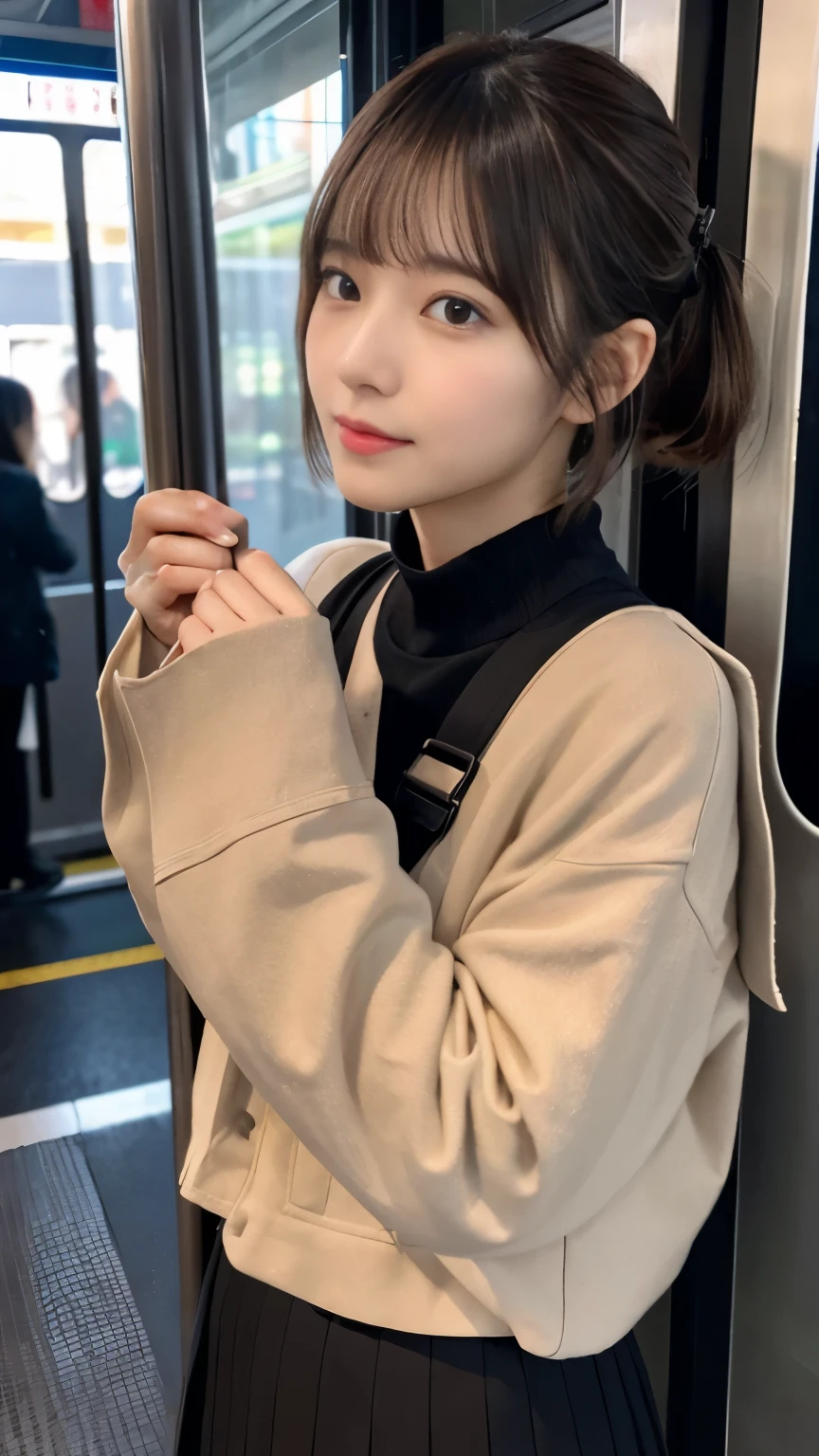 (top-quality、8k、32k、​masterpiece、UHD:1.2)、depth of field:1.2、black smoke:1.1、Photo of a cute Japanese woman、Short Woman、30-years old、beautiful and flawless face, short-hair、poneyTail, short brown hair、beauitful face、A slender:1.2、intricate-detail, Cinematic feel,full of shyness、Panic face、A face with an open mouth and a pleasant look、Composition in which no face is visible except for women、congestion:1.37、Trem lotadoで背の高い男性に囲まれている、the body is in close contact with the male,、covered lift、skirt lift:1.1)、Trem lotado、On the train、strap、Winter clothes、long-sleeve、commute、wearing outerwear