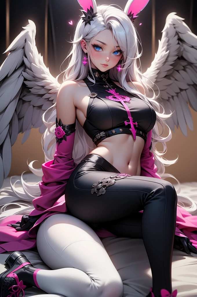 {-erro_de_anatomia:1.0} woman, solo, long hair, breasts, sideboob, areola, long white hair, white stockings, pink heart-shaped wings, compass rose halo, wings, navel, gloves, bunny ears, diaphragm, magic circle, asymmetrical legwear, angel, angel wings, small pink wing, animal ears, very long hair, blue eyes, pink wings, big breasts, mismatched pants, single shoe, feathered wings, blue eyes, shoes, high socks, crop top pink, cross, white hair, lying on the bed, with her face against her shoulder, sexy look