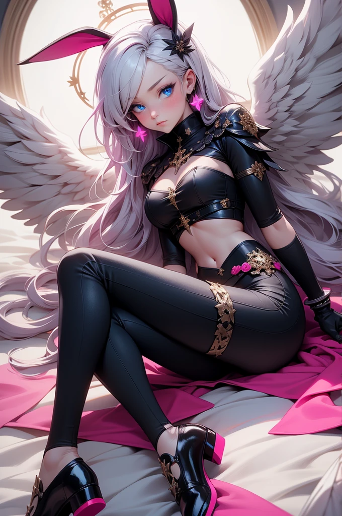 {-erro_de_anatomia:1.0} woman, solo, long hair, breasts, sideboob, areola, long white hair, white stockings, pink heart-shaped wings, compass rose halo, wings, navel, gloves, bunny ears, diaphragm, magic circle, asymmetrical legwear, angel, angel wings, small pink wing, animal ears, very long hair, blue eyes, pink wings, big breasts, mismatched pants, single shoe, feathered wings, blue eyes, shoes, high socks, crop top pink, cross, white hair, lying on the bed, with her face against her shoulder, sexy look