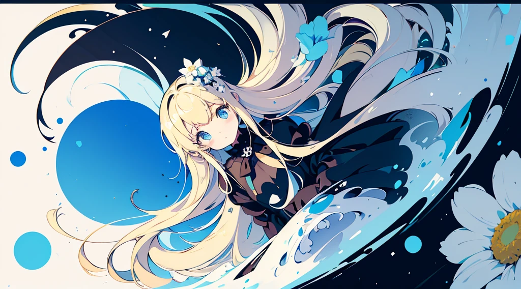 (1girl, blonde hair, long hair, blue eyes, black sundress, cute, kawaii), (blue moon, white flower field), (low contrast, flat color, limited palette)