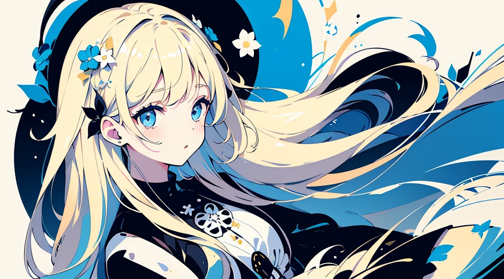 (1girl, blonde hair, long hair, blue eyes, black sundress, cute, kawaii), (blue moon, white flower field), (low contrast, flat color, limited palette)