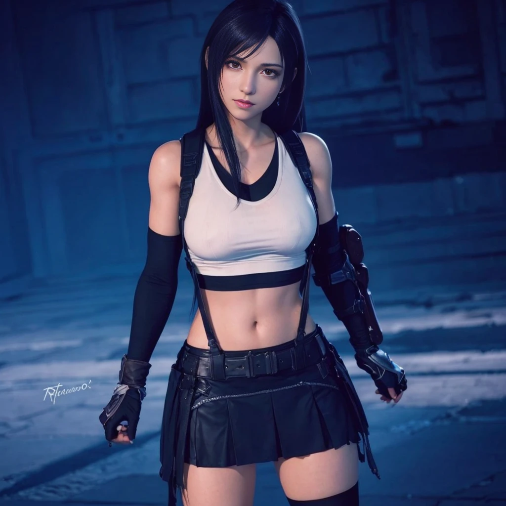 (best quality,ultra-detalhado),(Realistic:1.37),Tifa Lockhart, Rosto bonito e detalhado, maquiagem preta nos olhos, textura ultra realista, rosto delicado, expression serious