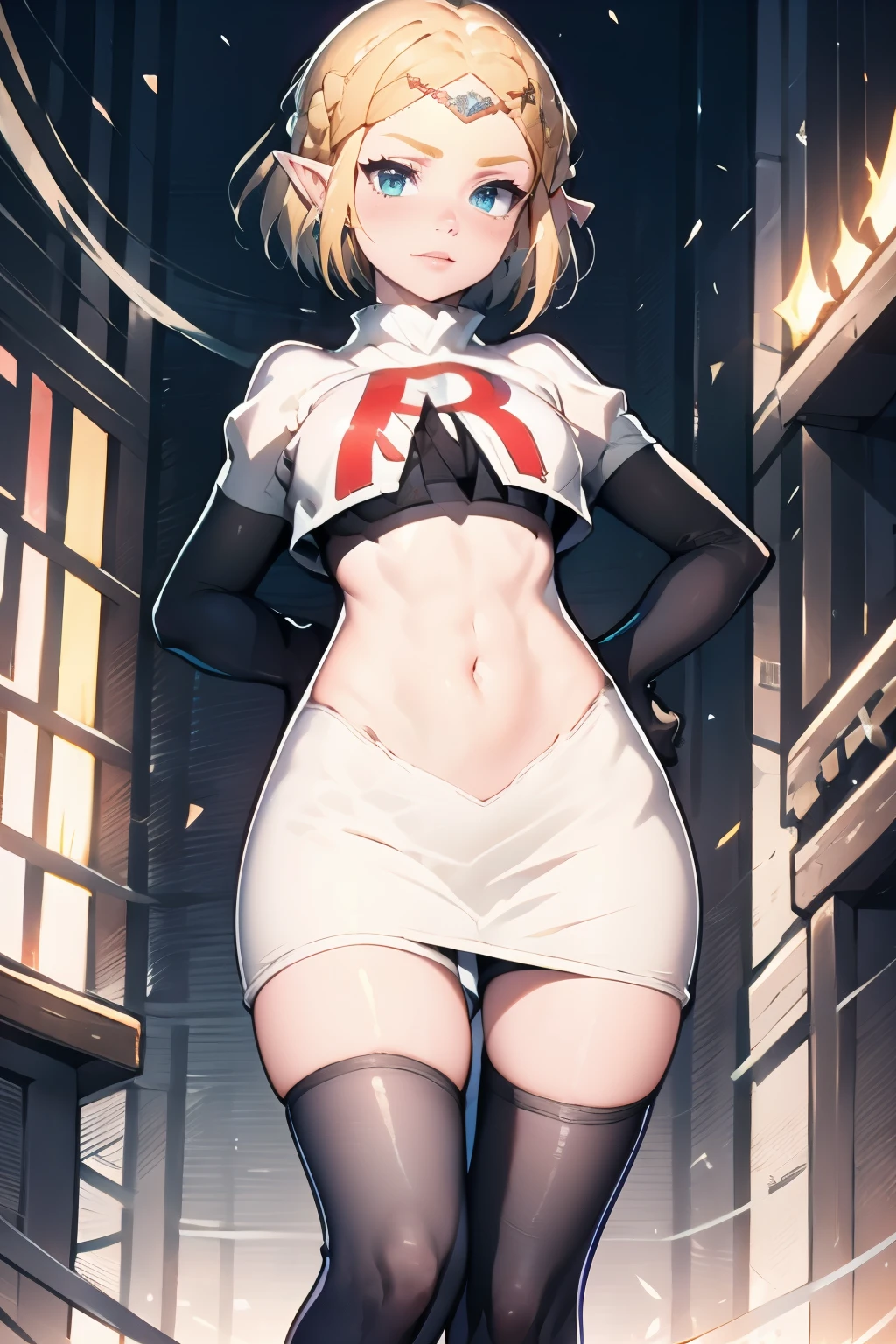 ZeldaTOTK, team rocket,team rocket uniform, red letter R, white skirt,white crop top,black thigh-highs,black elbow gloves, sinister villianess look, hands on hips