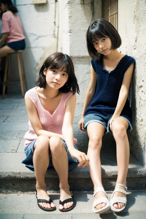 Two beautiful girls wearing summer knits、japanes、ars、look away from the camera、terraces、Spinning、A dark-haired、One person has a short bob、shortpants、