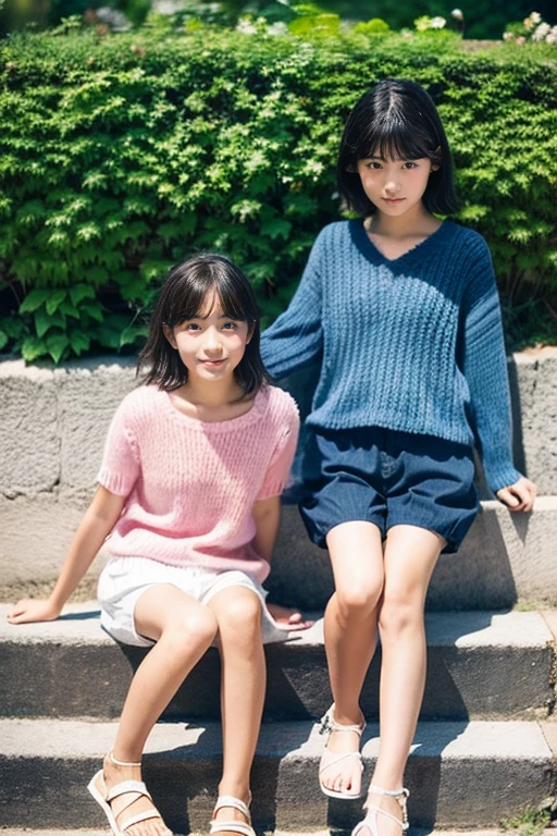 Two beautiful girls wearing summer knits、japanes、ars、look away from the camera、terraces、Spinning、A dark-haired、One person has a short bob、shortpants、