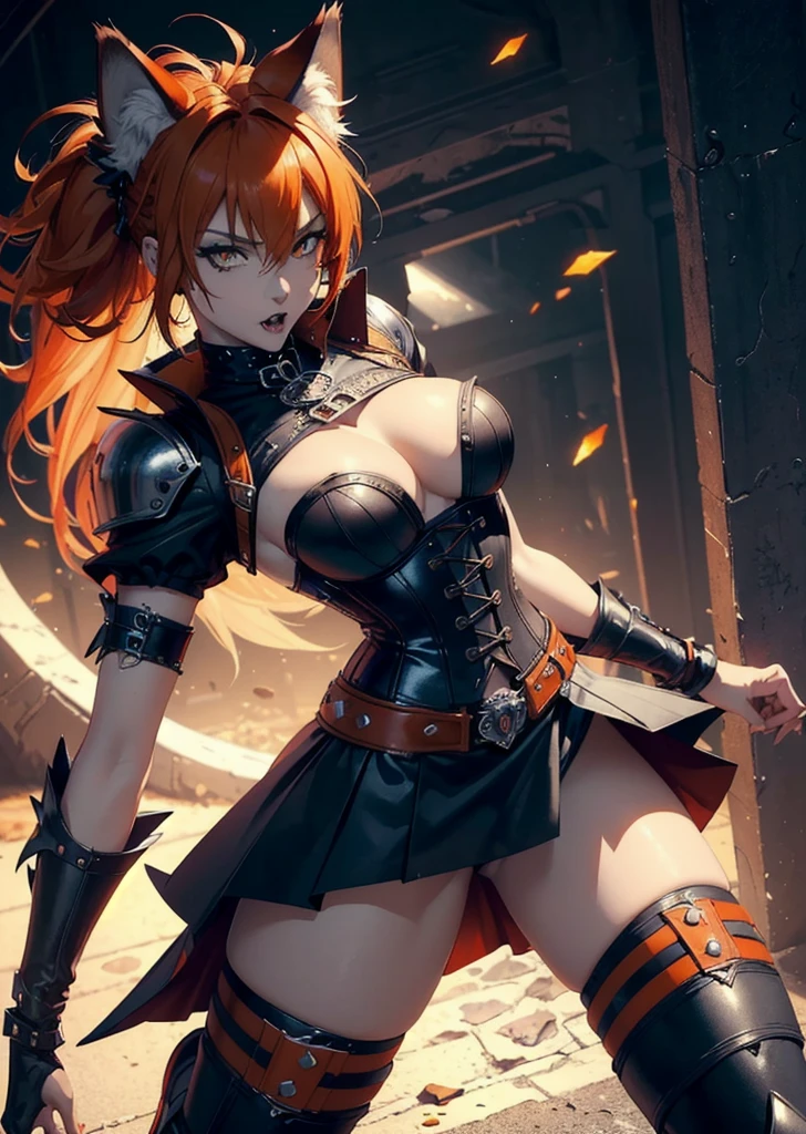 ((best quality, masterpiece, 4k, 8k, high res)), ((furry; Anthro Wolf)), orange hair, dynamic pose, ferocious, fangs, full body, female werewolf, sexy, vibrant colors, (edgy punk hairstyle), knight armor, well-toned abs, Victorian dress, goth corset,