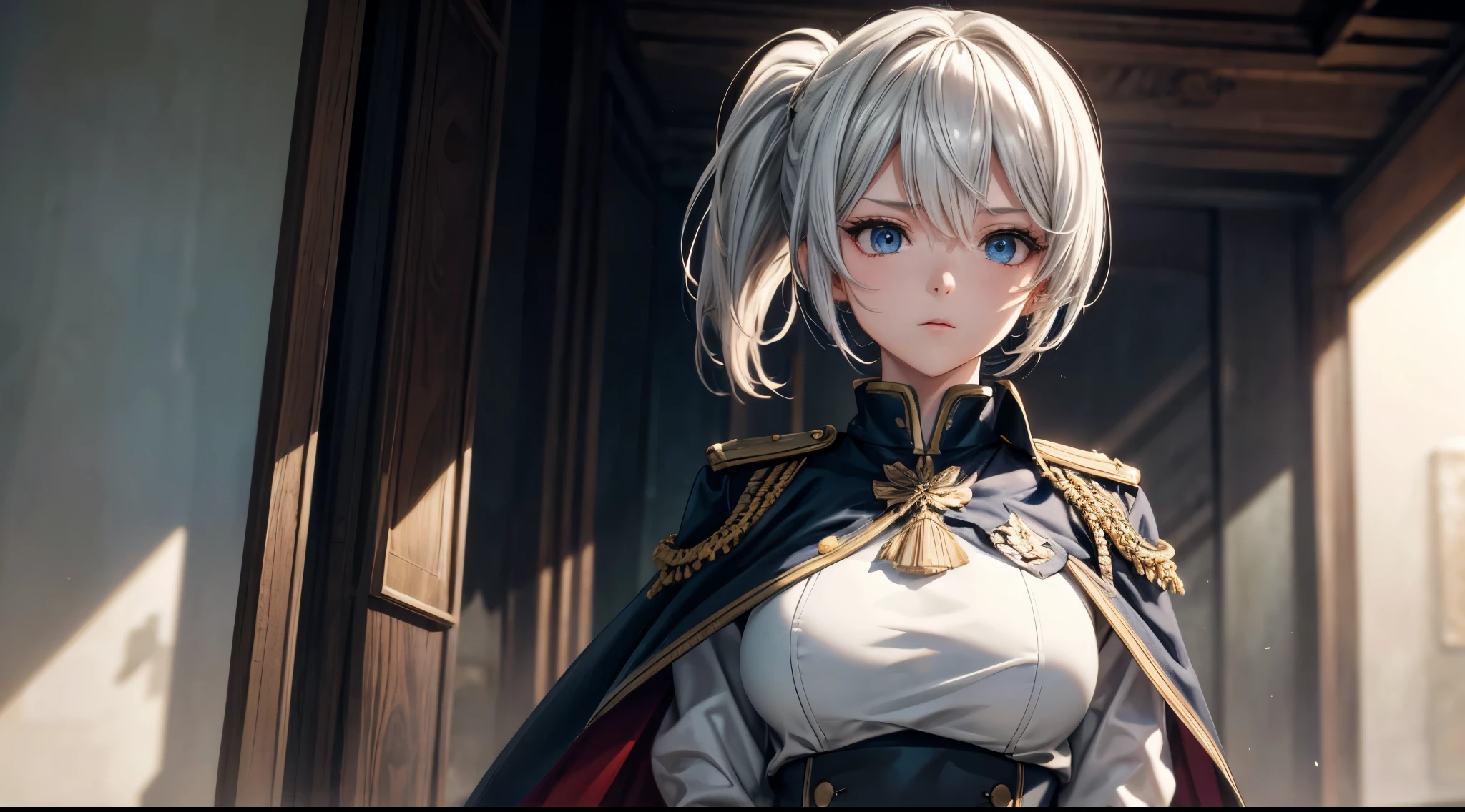 (extremely detailed CG unity 8k wallpaper), (masterpiece), (best quality), (ultra-detailed), (best illustration), (best shadow), (absurdres), 2b, 1girl, short hair, short ponytail, normal size boobs, white hair, blindfold solo, Intimidating women, admiral uniform, night, hero pose, white clothes, General Uniform, Military Uniform, Sunlight, exposed to sunlight,commander, cape, fighting, ((beautiful fantasy girl)), (Master Part: 1.2), Best Quality, High Resolution, photorealestic, photogenic, Unity 8k壁纸, perfect lighting, (perfect arms, perfect anatomy) beatiful face, intricate details, Detalhes realistas, the anime, The Perfect Girl, perfect details, Ultra HD |, 8K, Professional photo