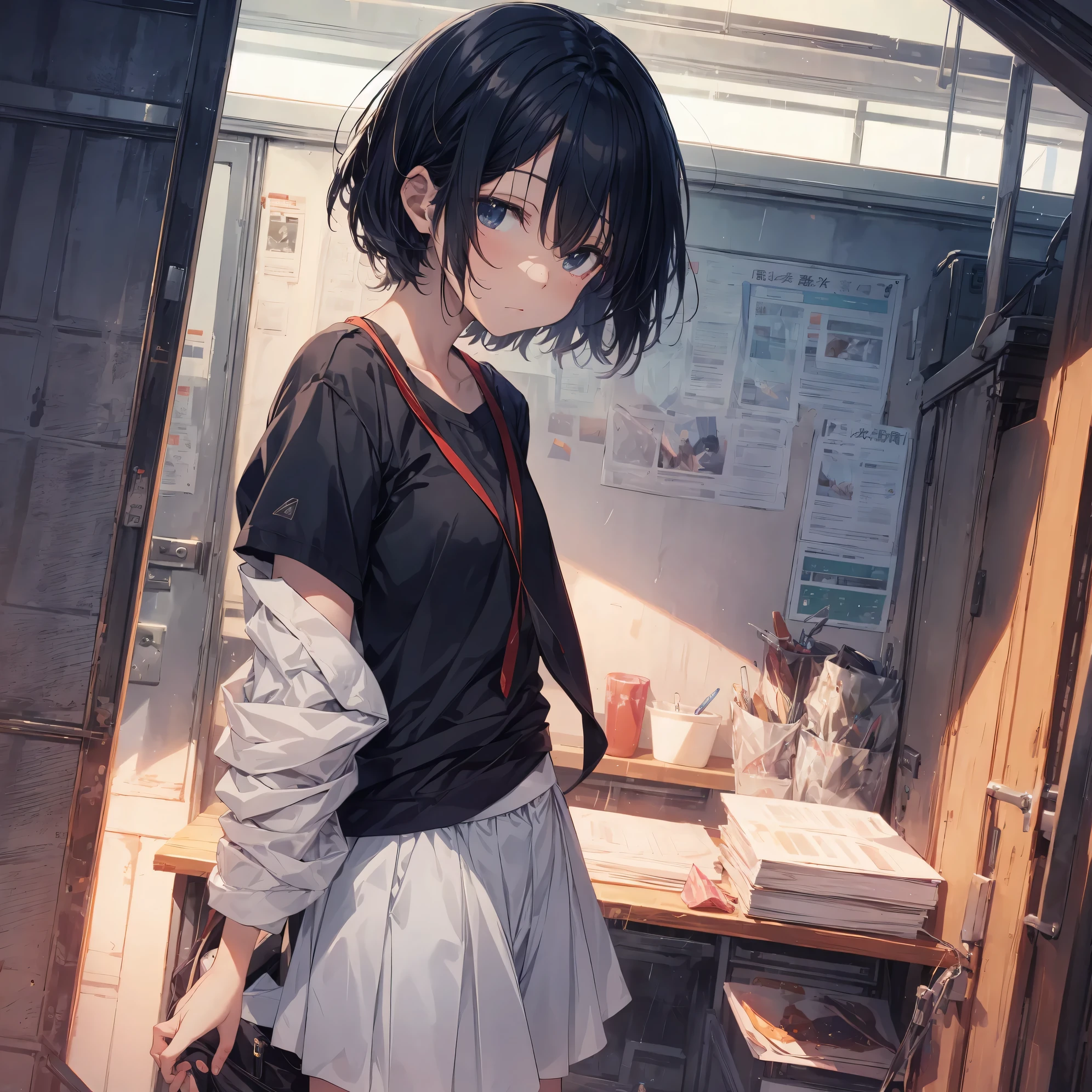 Super high quality by the art god, Ultra-detailed, High resolution, anime moe art style, best anime 8K konachan wallpaper, Pixiv Contest Winner, Perfect Anatomy, BREAK,(Draw a girl sleepily walking to school. ),BREAK, 1girl in, (Solo,Lori,child,13years:1.3),Full limbs, complete fingers,a junior high school student, Androgynous attraction, (Very short hair), Sleeping hair, hair messy, flat chest, Small butt, groin, Small eyes,Beautiful detailed black eyes, Well-proportioned iris and pupils, disgusted eye,  High resolution detailed hair, School uniform, Skirt, On the way to school. BREAK,Ultra-detailed細なスキン, Best lighting by famous artists, 8K, Illustration,