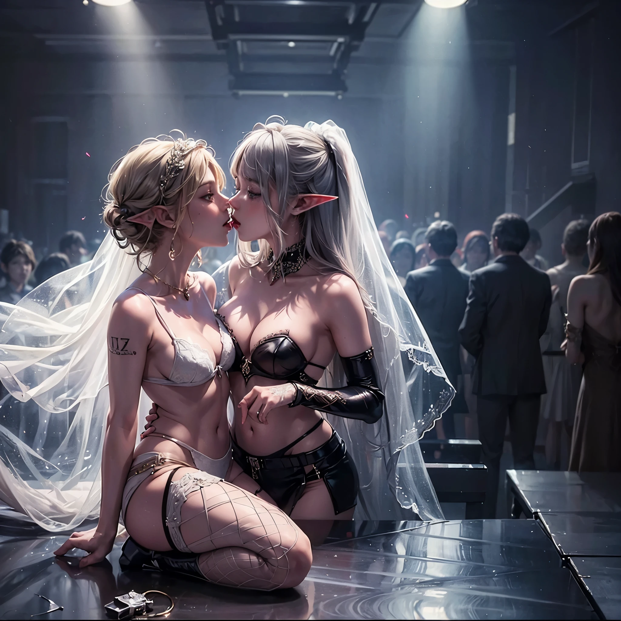 2female，(((kissing))), 24yo, (wedding dress, short, open stomach, wedding veil), lace white lingerie, blonde, women, (elf ears), sweating, large breasts, prominent tits, beautiful face, detailed eyes, earrings, bellybutton piercing, body chains, rings,（masterpiece）, (Very detailed CG unity 8K wallpaper), best quality, cinematic lighting, detailed background, (strip_club_venue:1.6, stripper pole in foreground, female strippers in the background, moody background, dark background)