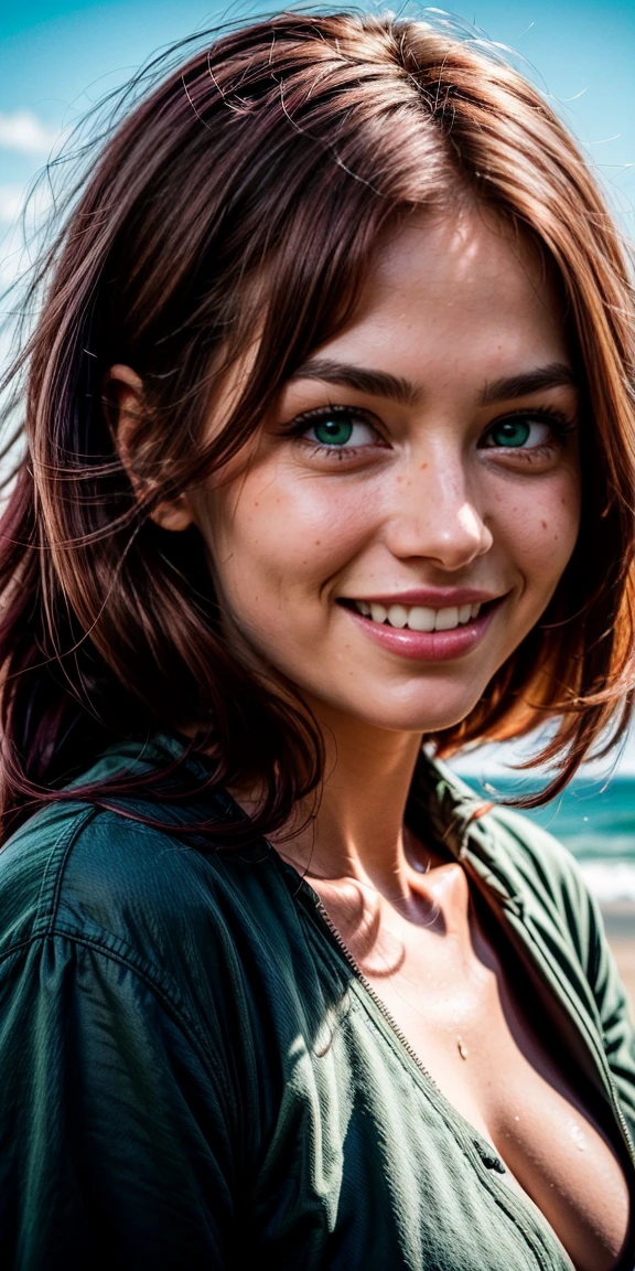 Hohe Detailgenauigkeit, best quality, 8K, [Ultra-detailliert], (Meisterwerk:1.2), best qulaity, (Extrem detailliert), (portrait:1.5), .RAW, fotorealistisch, Realistische Kunst, 1 woman age 23 at the beach, (red hair:1.5), (green eyes:1.5),lips made for kissing, sweet smile with white teeth,  filmischer Hintergrund, (Meisterwerk:1.3), highres, gut ausgeleuchtet, filmischer Hintergrund, (Meisterwerk:1.2), high resolution