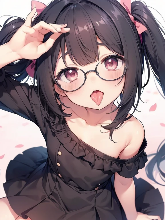 ultra-detailliert, Best Quality, High resolution, ((A petite, black-haired girl with a large face and cute droopy eyes, who wears round glasses and looks up.)), Pretty eyes, Detailed eye depiction, Eye sparkle, Looking at Viewer, pale skin, (((Petite))), (flat chest:1.4), (blush:1.2), (big eye:1.4), a smile, In the park where cherry blossoms dance, Focus on the face, Long hair with twin tails、((super close up of tongue)), (((from above))), open_mouth, (((face only))), ((naked)), nsfw, saliva