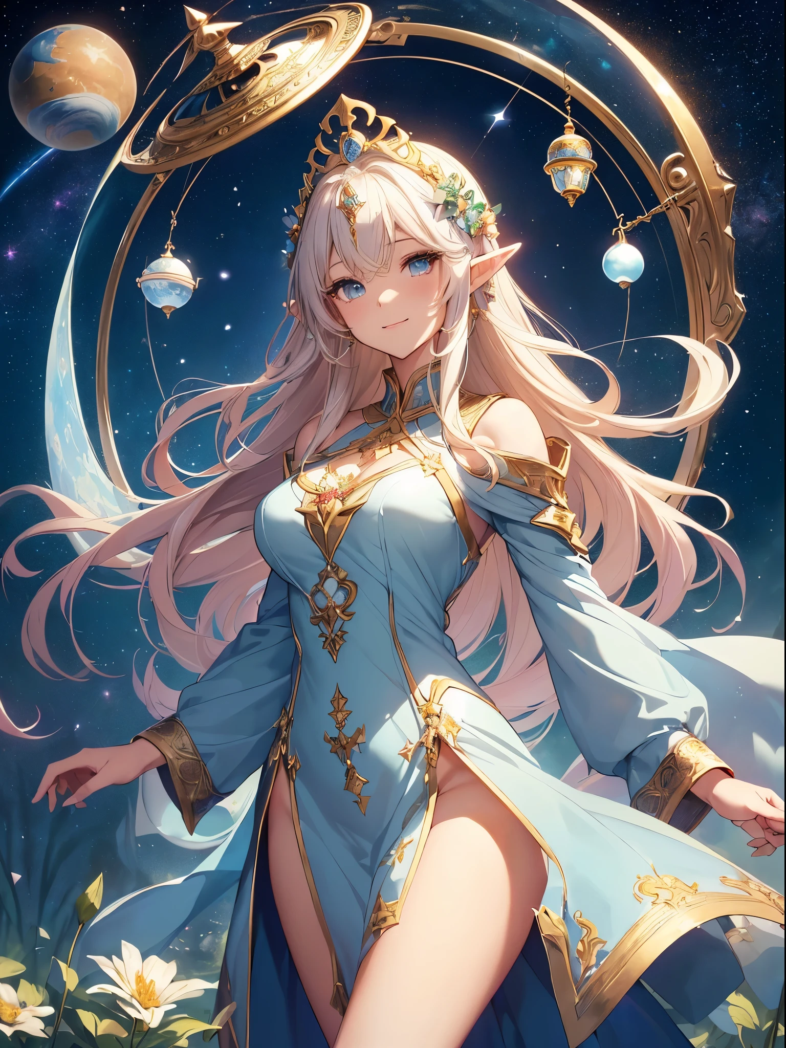 top-quality、Top image quality、​masterpiece、Super beautiful elf beauty((24 year old、Best Bust、big bast、Bust 90,beautiful blue long ironed hair、a blond、globe、A sexy、A slender、a closeup、Esbian、beautiful tiara、hiquality、Beautiful Art、Background with((starrysky)))masutepiece、visualart、depth of fields、low angle of morning sky、、Elven ears、、light magic、Space Knight、harp melody🎵、Happy smile、Gentle light、、Beautiful legs that are gentle on the skin、、、Number of fingers to achieve precise finger movements、ticker beautiful decoration underwear、elegent、Mystical　Rosa、　field under the flower garden、Marble pillars, beautiful dressy、magnificent marble dome、巨大なglobe、religious painting、Embracing the Earth、temple of time、spectacular clock、hour glass、sundial