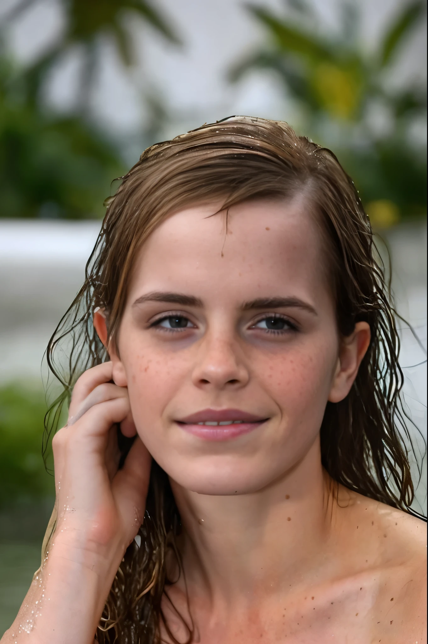 Hot face of Emma Watson, sexy woman, wet hair , gorgeous feminine face, freckles , 40 yo woman , (hyper photorealistic ) insanely detailed skin texture