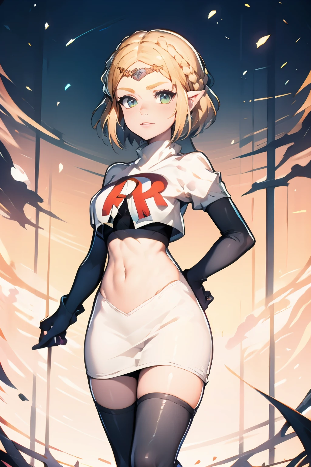 ZeldaTOTK, team rocket,team rocket uniform, red letter R, white skirt,white crop top,black thigh-highs,black elbow gloves, sinister villianess look, hands on hips