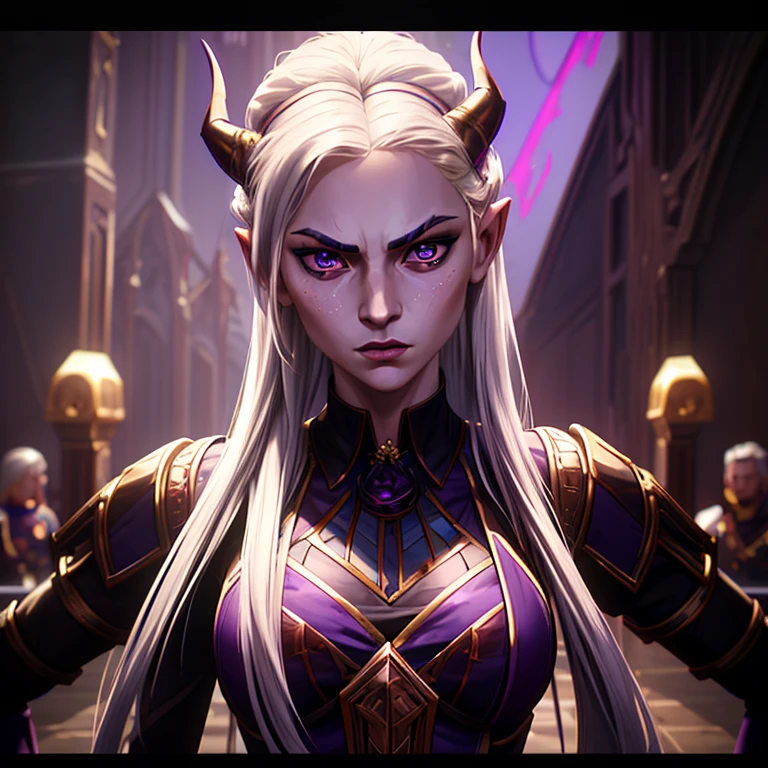 masterpiece, highest quality, (solo focus), (perfect face:1.1), (high detail:1.1), (hyper detailed eyes), dramatic, a tiefling woman with pale white skin and long voluminous white hair, 25 years old, purple eyes, solo, long hair, purple horns, toned body, athletic body, metal-plated armor, arrogant expression, fantasy setting, detailed background, cinematic lighting