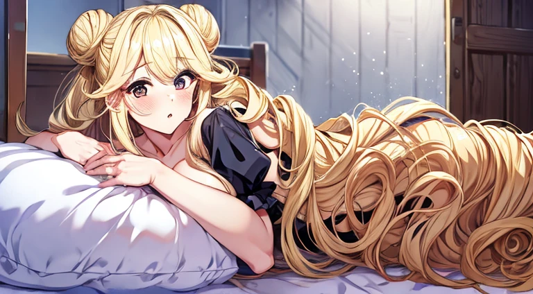 one cute anime girl, cute face, blush, blonde hair, super long hair, super big hair bun, super long ponytail, big breasts, super long hair tangled, curly hair, super long curly hair, emphasis on super long hair, emphasis on face, emphasis on eyes, hourglass body, super tight clothes,  nude, maid outfit, hair over eyes, hair over face, laying in bed