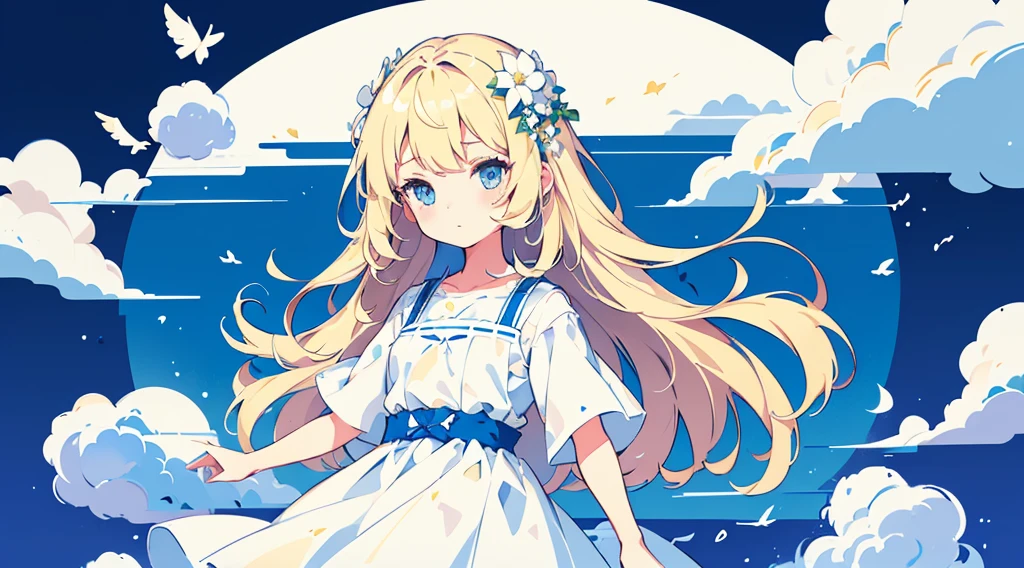 (1girl, blonde hair, long hair, blue eyes, white sundress, cute, kawaii), (blue moon, white flower field), (low contrast, flat color, limited palette)