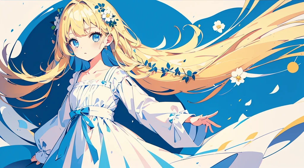 (1girl, blonde hair, long hair, blue eyes, white sundress, cute, kawaii), (blue moon, white flower field), (low contrast, flat color, limited palette)