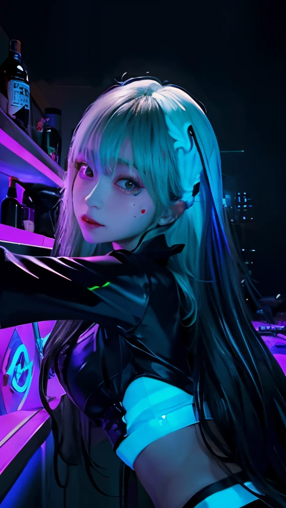 Perfect human body、Mine makeup girl、(((Black straight long hair)))、Glowing neon lights、Girls Bar clerk、Bar clerk、Pure white bar counter、girl serving alcohol、Neon and uv black light store interior、cyber 、(((The store and shirts glow under UV black light)))、numerous piercings in the ears、very Bigger breasts、ultra gigantic tits、Large cleavage、Stick out your big, shapely butt、maikurobikini、Black leather miniskirt or shorts、A store that looks like a spaceship、Liquor bottle reflecting light、Western liquor bottles on a shelf with a faint reflection、drinking cocktail、female gaki smile、cyber vision monitor、(Oil skin, gleaming skin、realistic skin textures、Detailed beautiful skin、Shiny skin、shiny white skin)))、dancing、A detailed eye、细致背景、A detailed face、Detailed people、Background bokeh